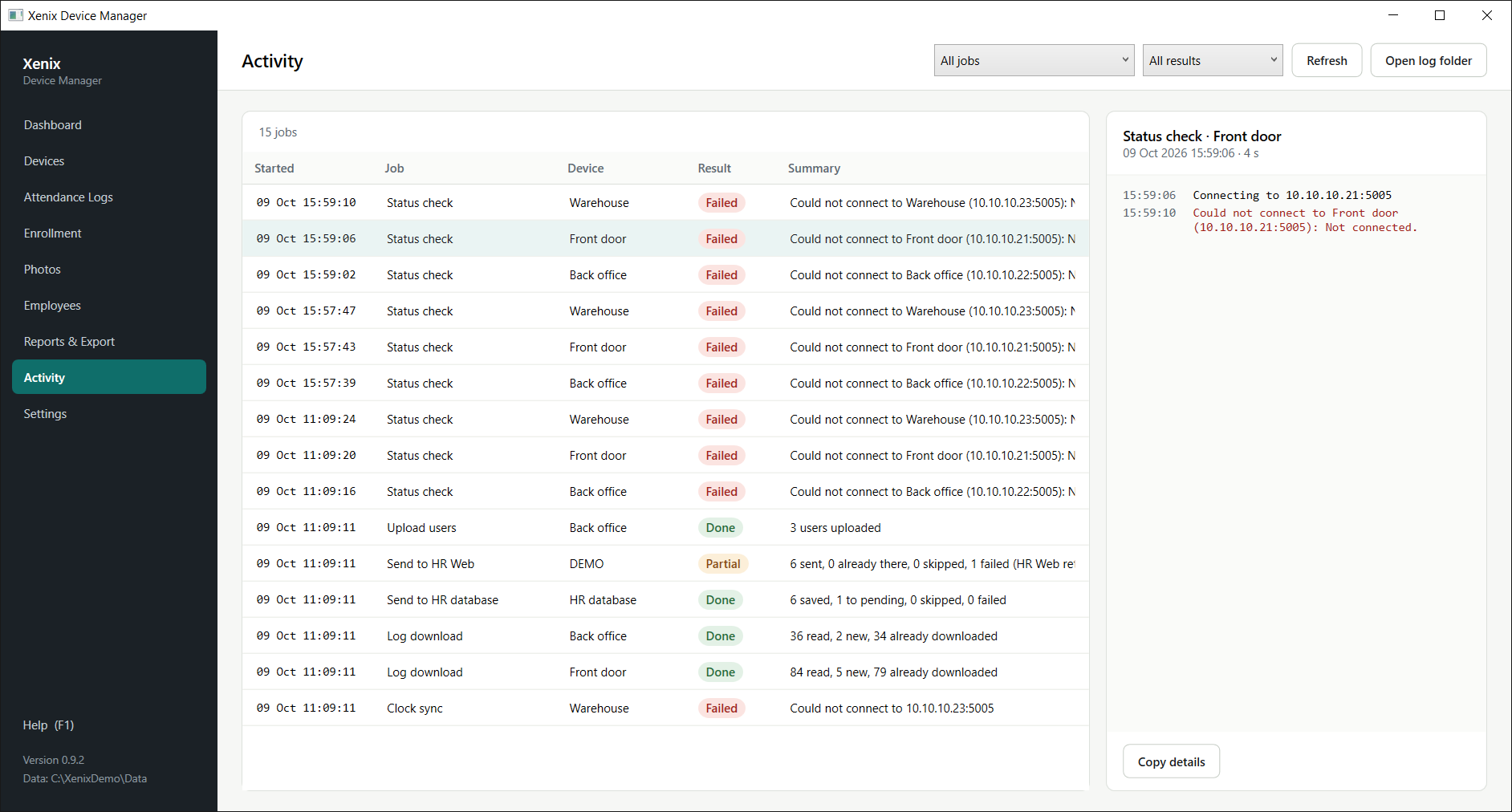 Activity, with a failed status check selected and its steps on the right.