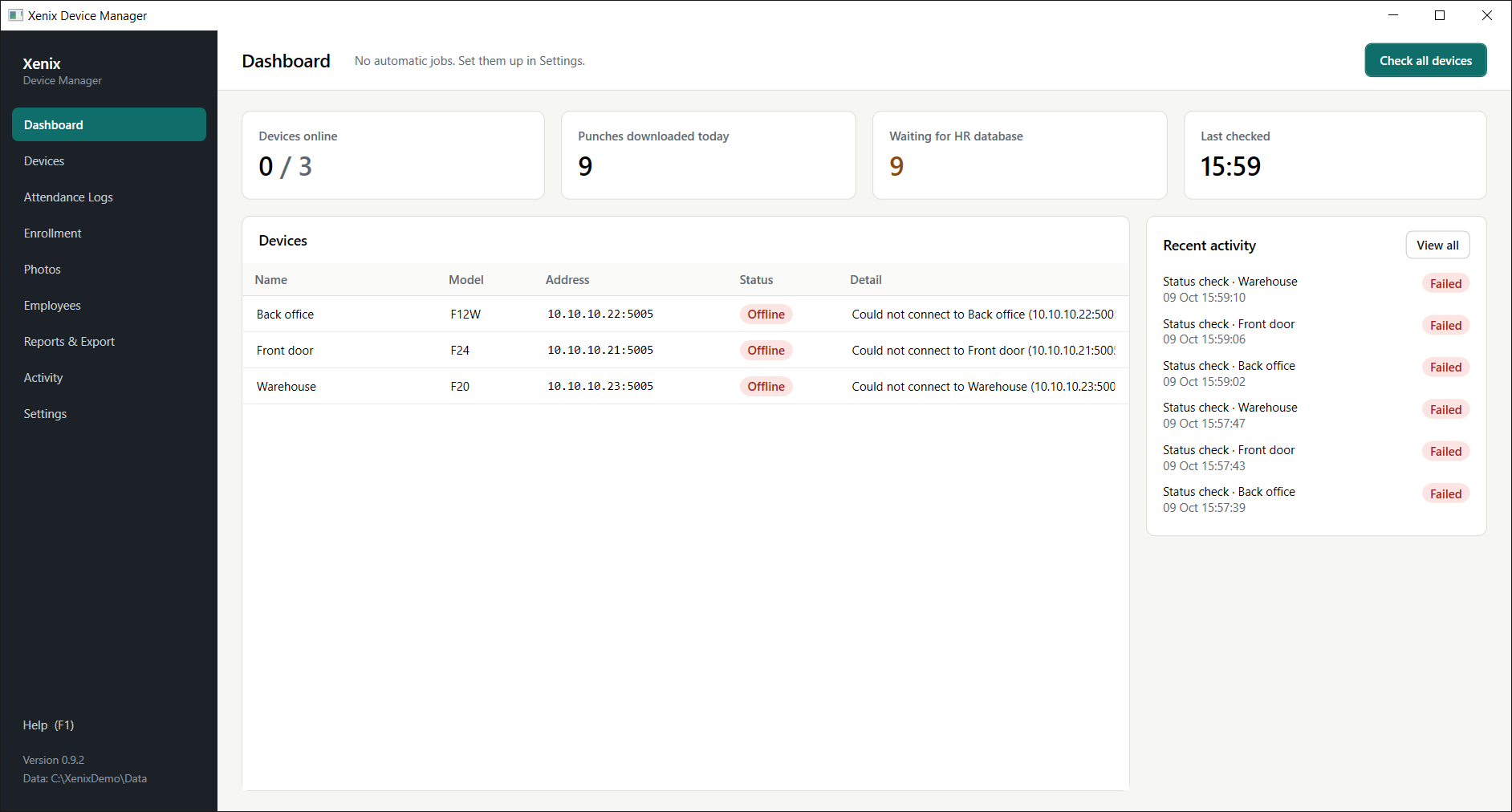 Dashboard after Check all devices. The example devices are offline because they don’t exist.
