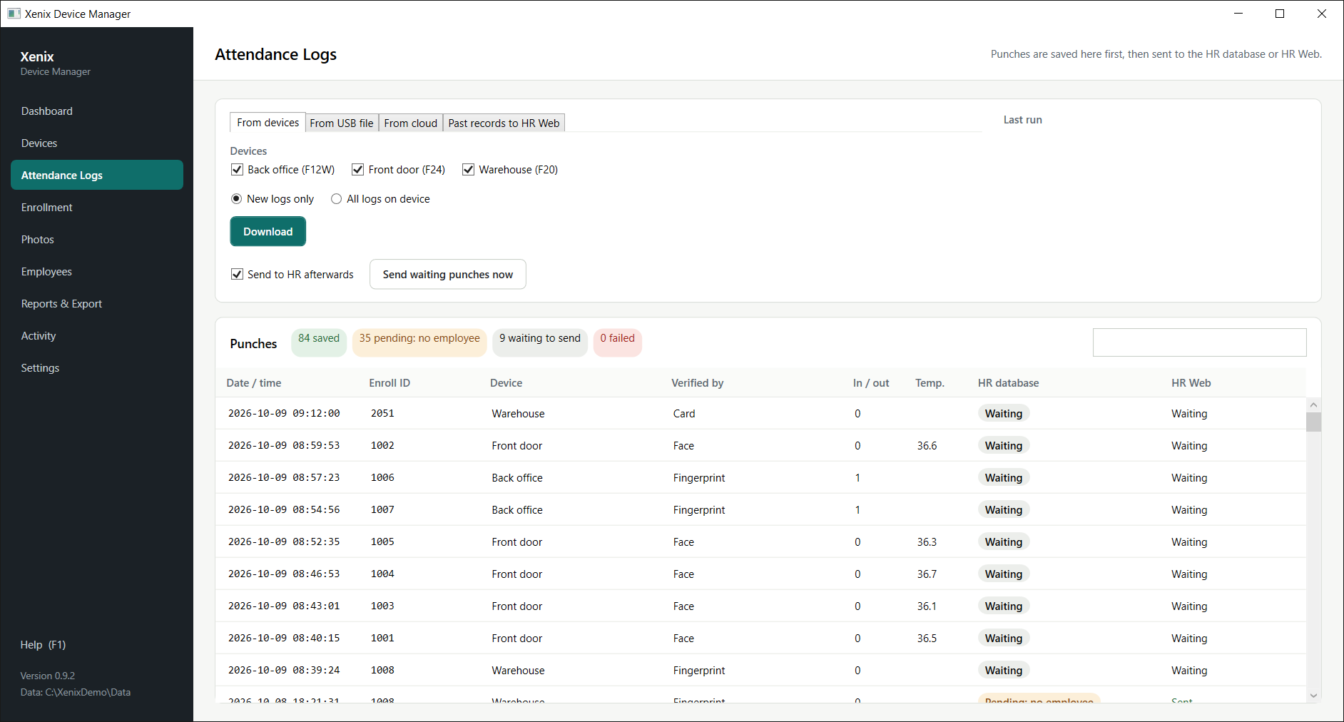 Attendance Logs, From devices tab, with the punch list below.
