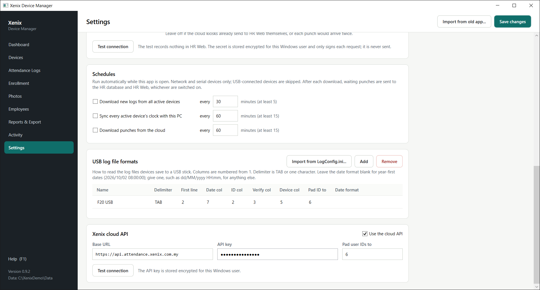 Settings, bottom: Xenix cloud API.