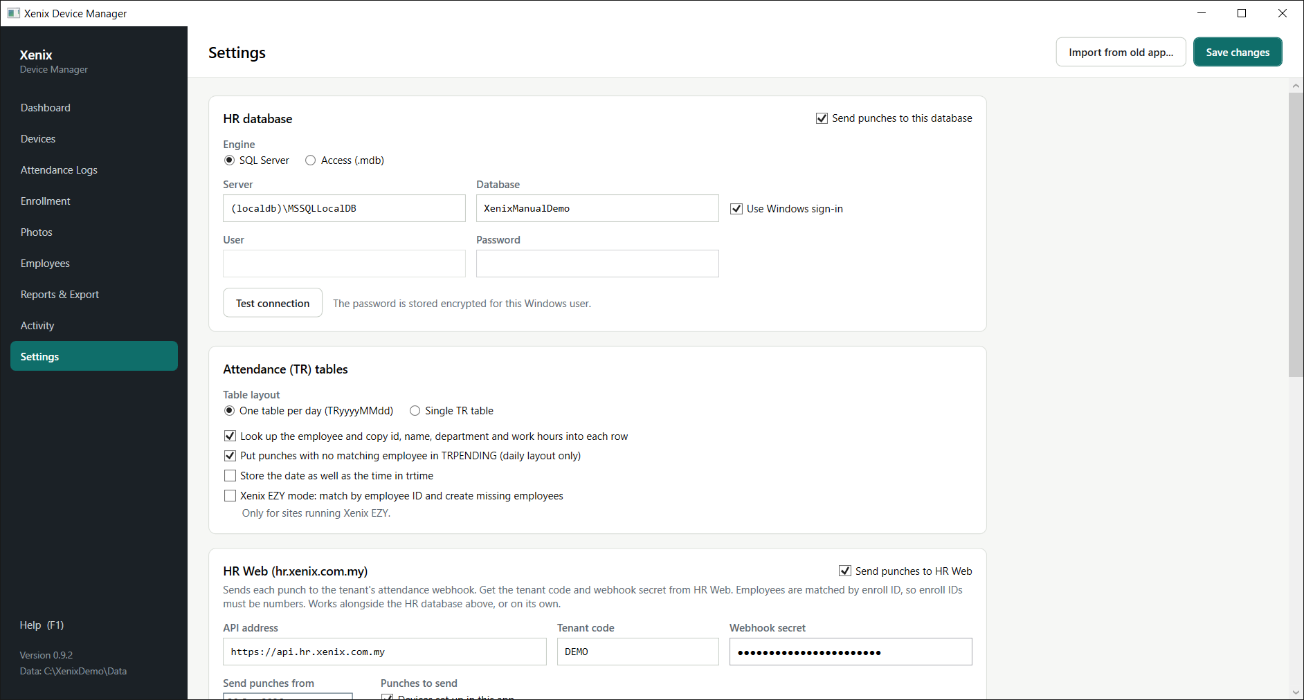 Settings, top: HR database and TR table options.
