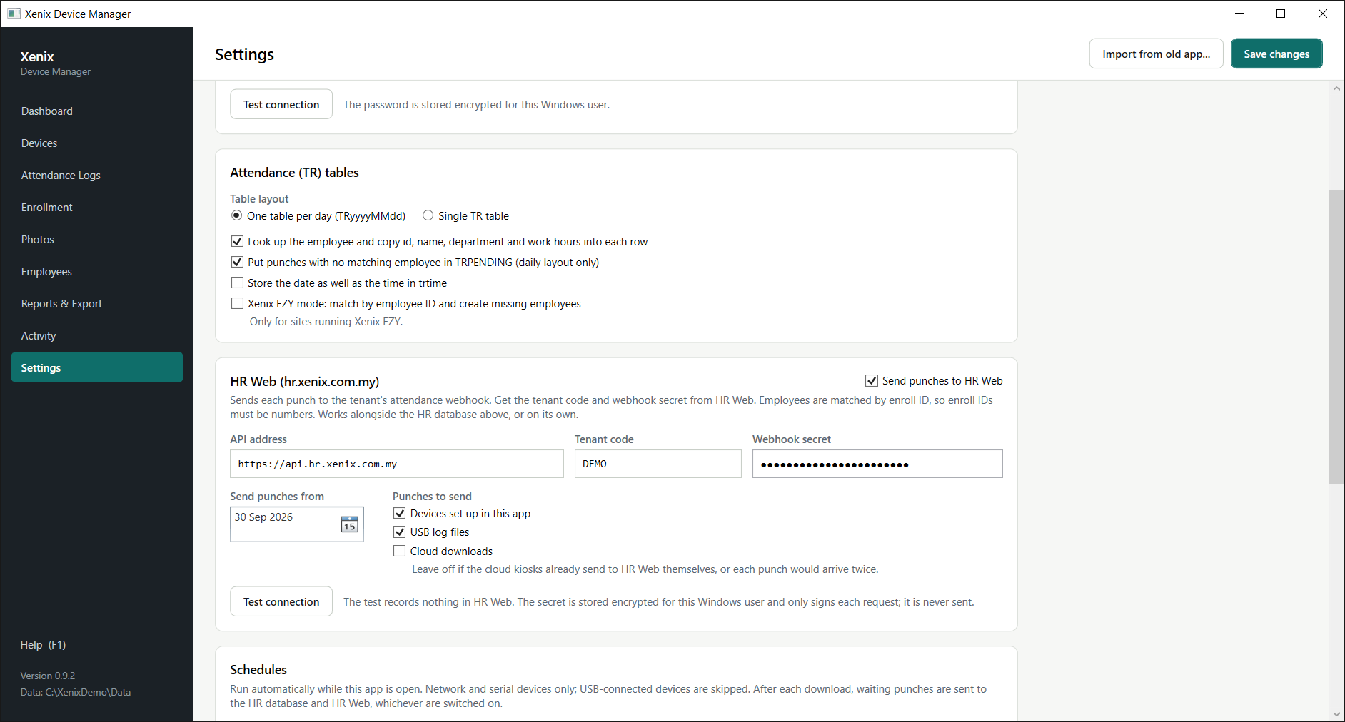 Settings, HR Web section.